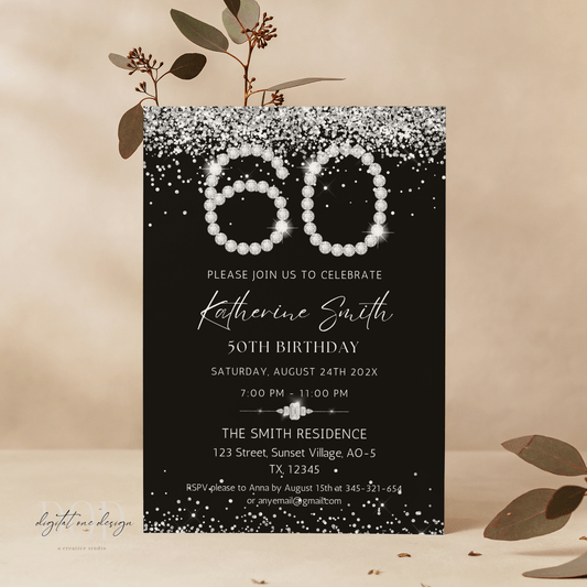 Elegant Black and Silver Diamonds 60th Birthday Invitation