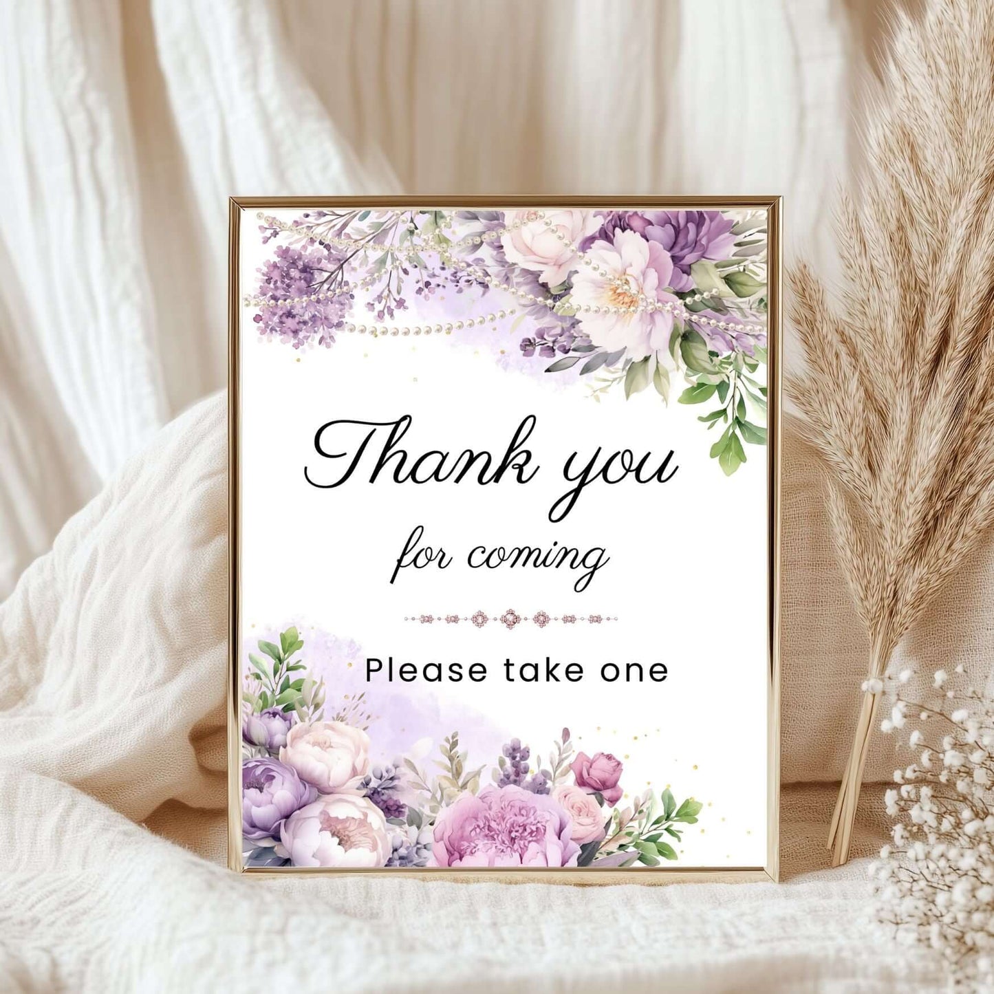 Elegant Lavende Floral and Pearls Thank you For coming sign