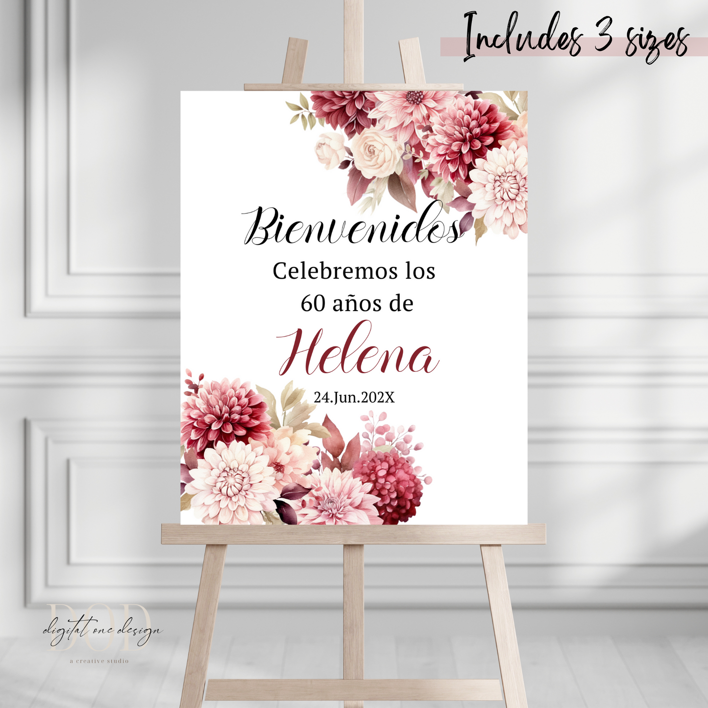 Burgundy Pink Floral Spanish Birthday Welcome Sign Template