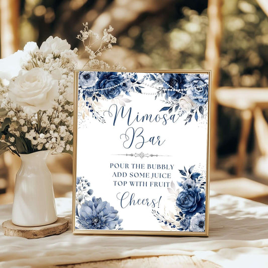 Elegant & Delicate Blue Floral Mimosa Bar Sign
