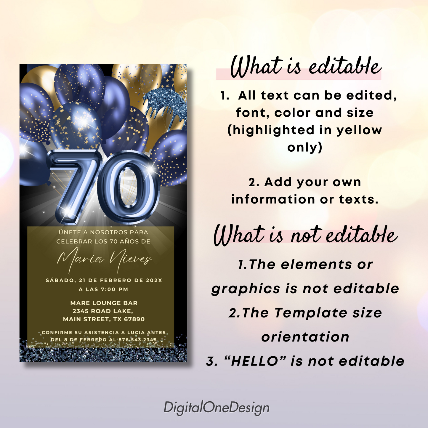 Electronic 70th Birthday party Invitation templare, editable in canva