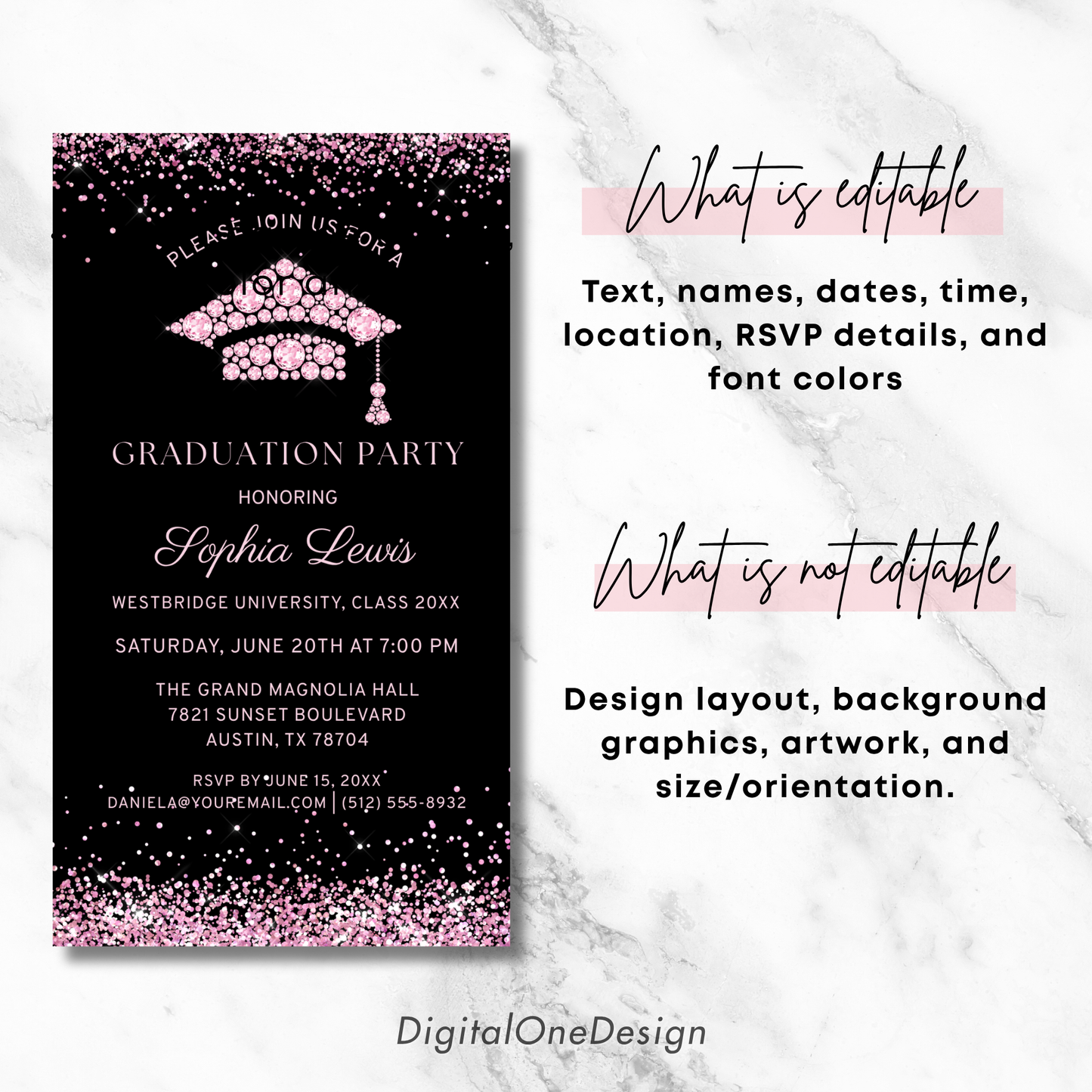 Elegant Pink Diamonds Graduation Invitation Template