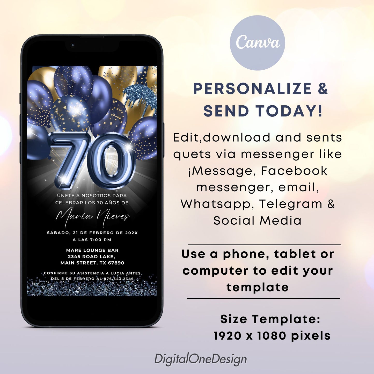 Phone displaying a birthday invitation with blue balloons and text, featuring Canva branding.
