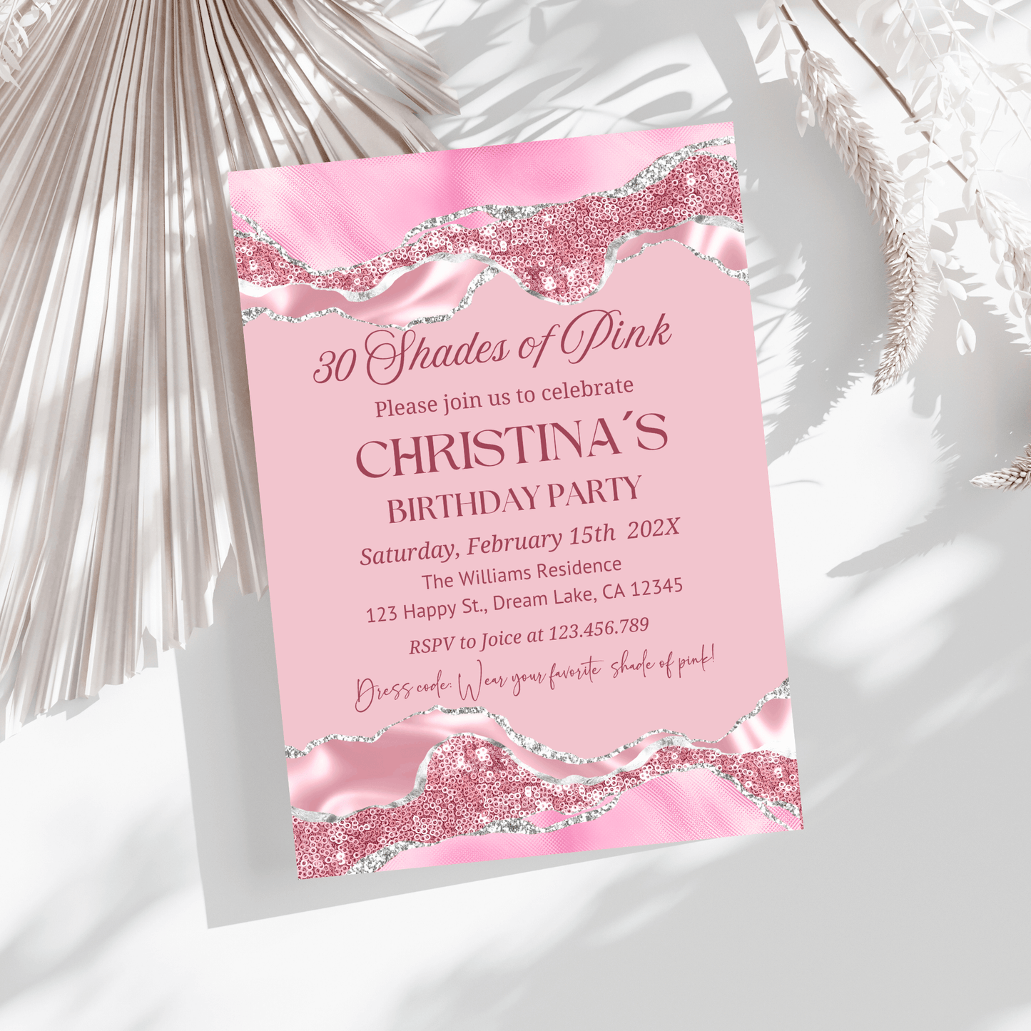 Chic Shades of Pink Birthday Party Invitation with glam silver accents, perfect for any age. Instant download available.