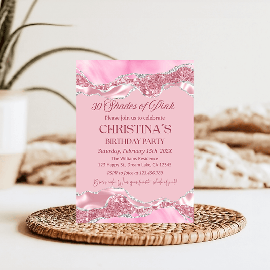 Chic Shades of Pink Birthday Party Invitation with glam silver accents, perfect for any age, instant download.