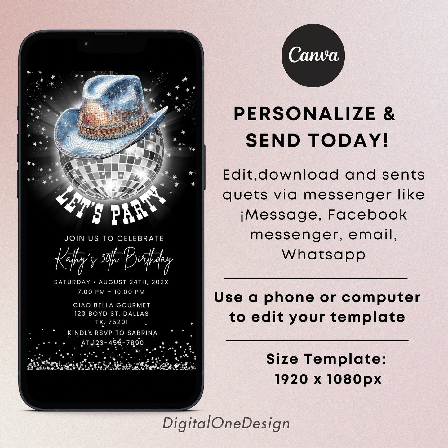 Editable Cowboy Disco ball Birthday Invitation Template