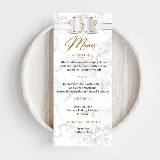 White Gold Menu card with a marble design on a white plate