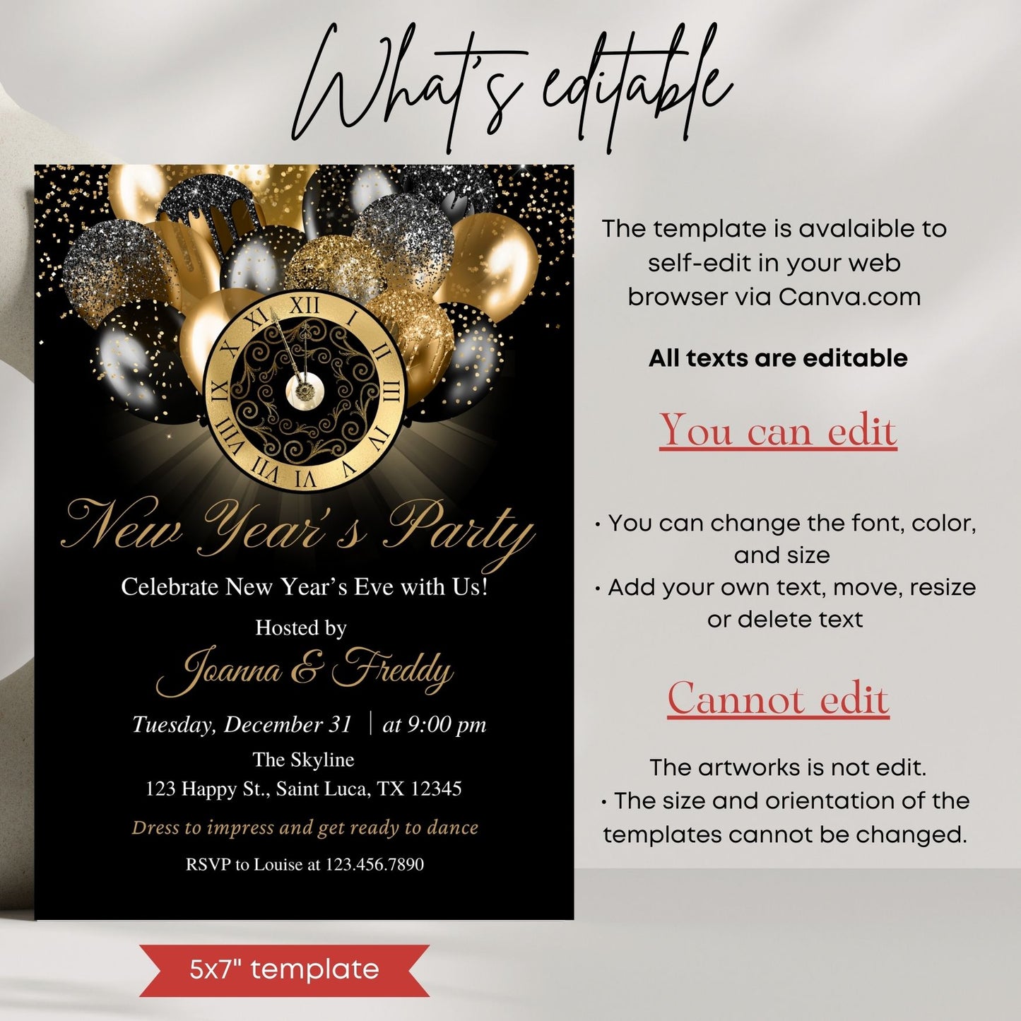 Elegant Black & Gold New Year's Eve Party Invitation