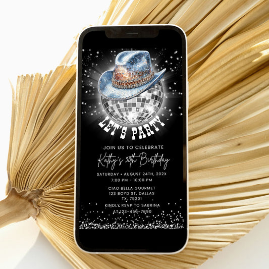 Digital Disco Ball Western Rodeo Birthday Party Invitation displayed on a phone with cowboy hat and festive design.
