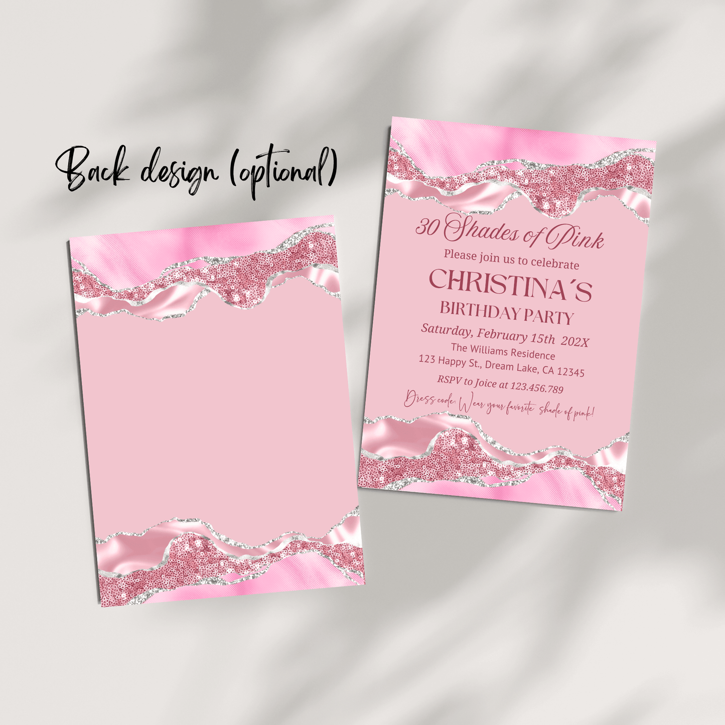 Shades of Pink Birthday Party Invitation design featuring glam pink and silver elements, perfect for any age celebration.