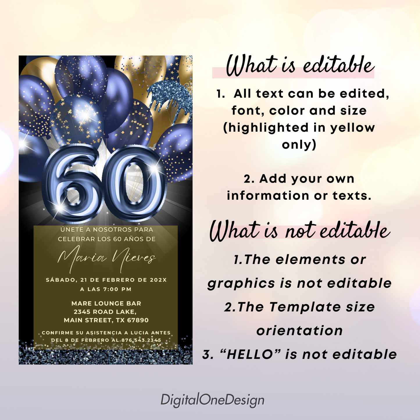 60th birthday invitation card with editable text on a light pink background