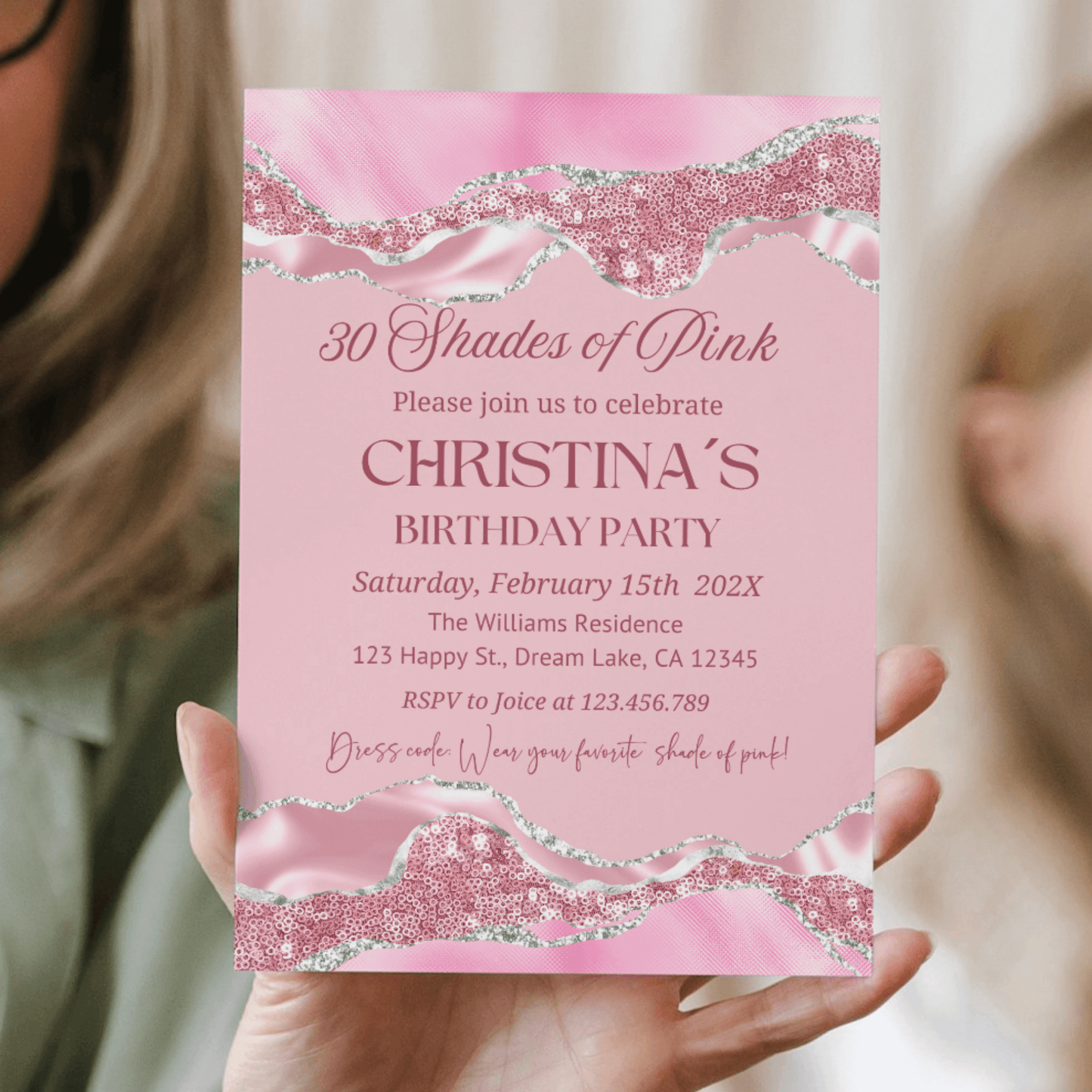 Shades of Pink Birthday Party Invitation with glitter accents, celebrating any age, instant download option.