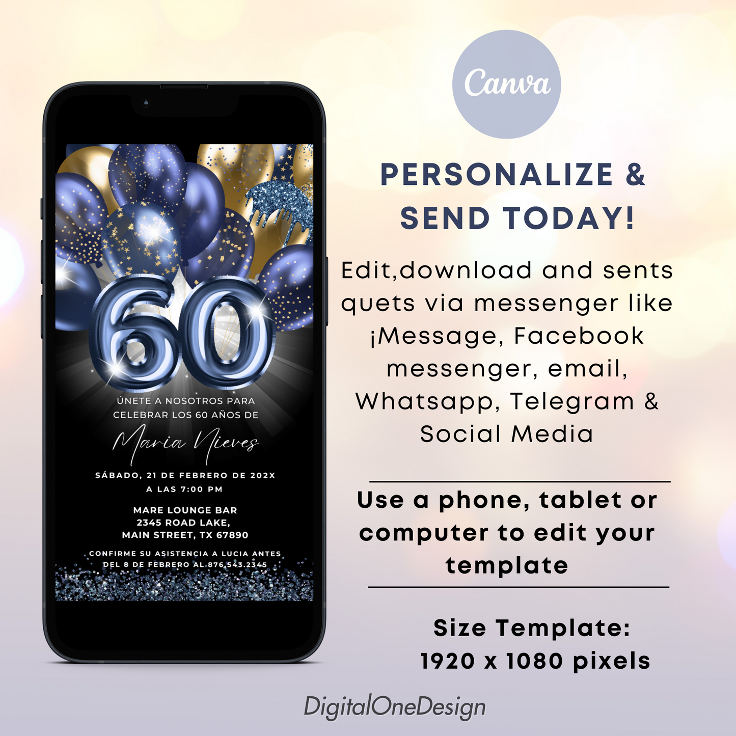 Phone displaying a birthday invitation with balloons and the number 60, featuring Canva branding.