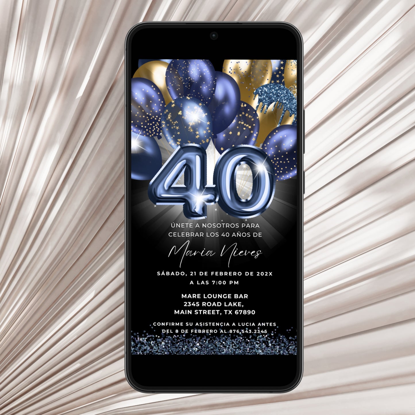 Navy & Gold Balloons Spanish 40th Birthday Invitation