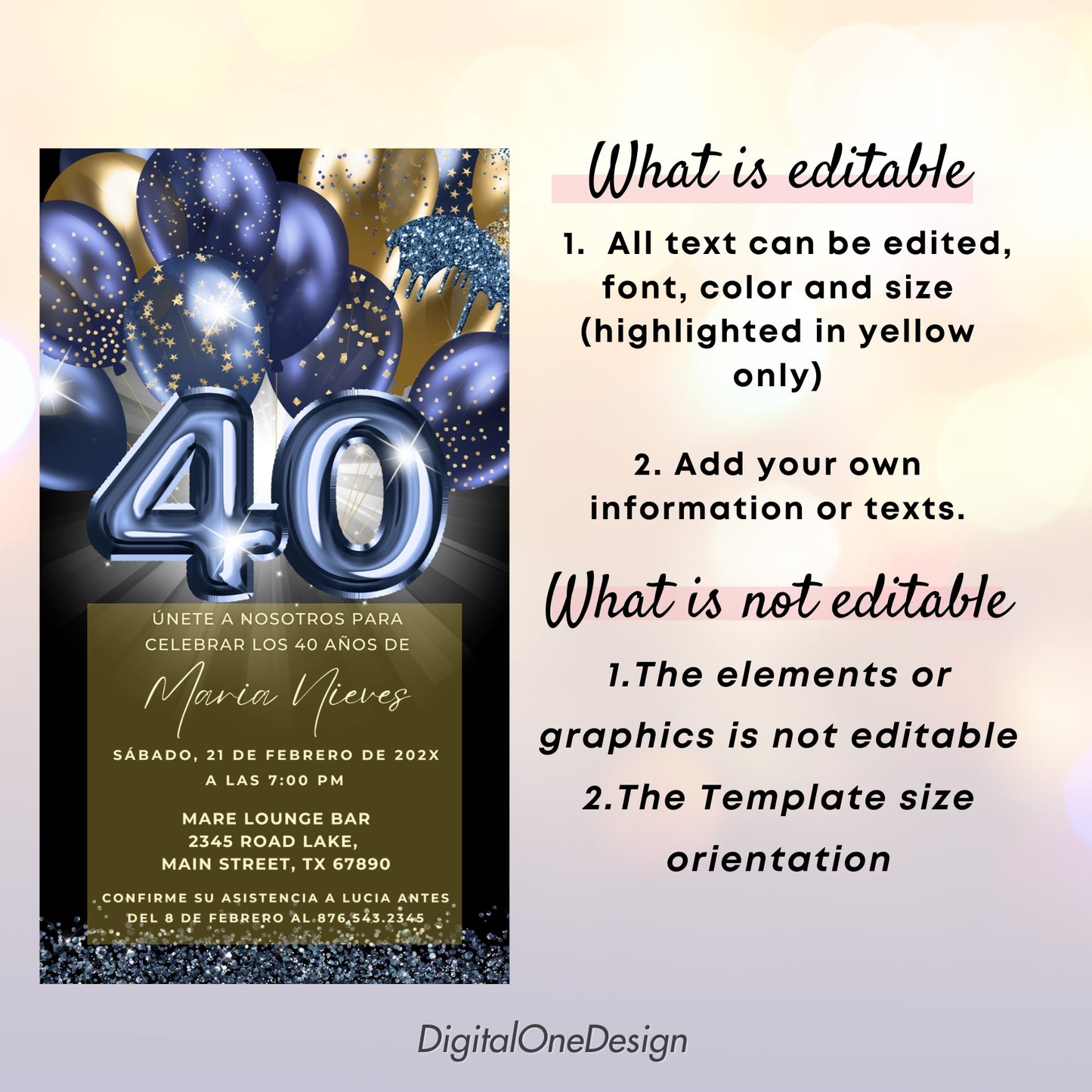 Navy & Gold Balloons Spanish 40th Birthday Invitation