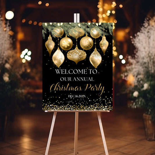 Christmas party sign with gold ornaments on a stand, blurred festive background