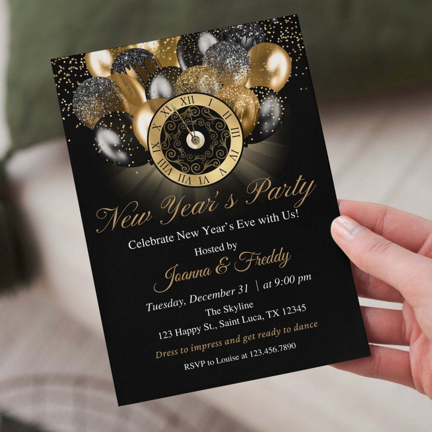 Elegant Black & Gold New Year's Eve Party Invitation