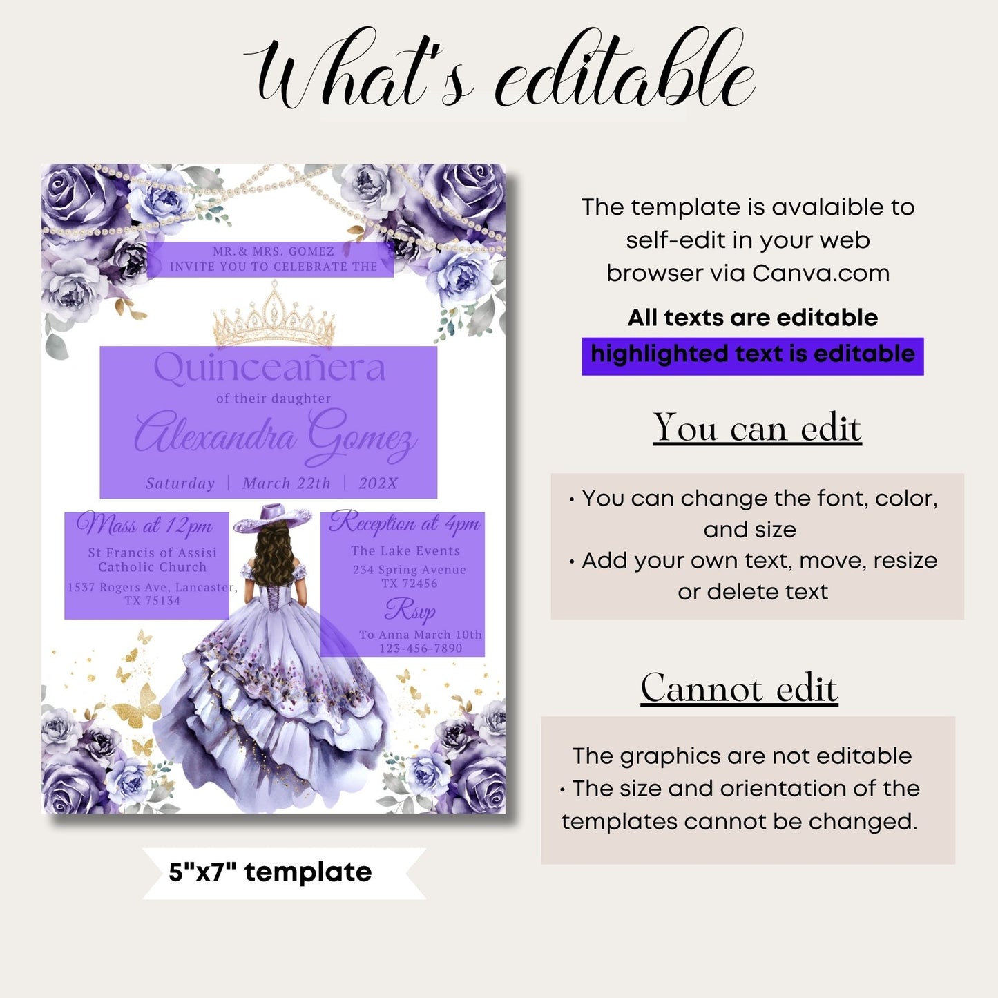 Princess Quinceanera invitation template with purple text and floral design, displayed on a white background.