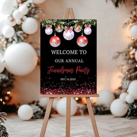 Editable Red silver Friendsmas party sign