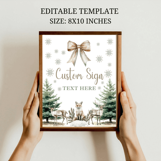 Editable 8x10 Winter Woodland Baby Shower custom sign template featuring animals and trees for personalized celebrations.