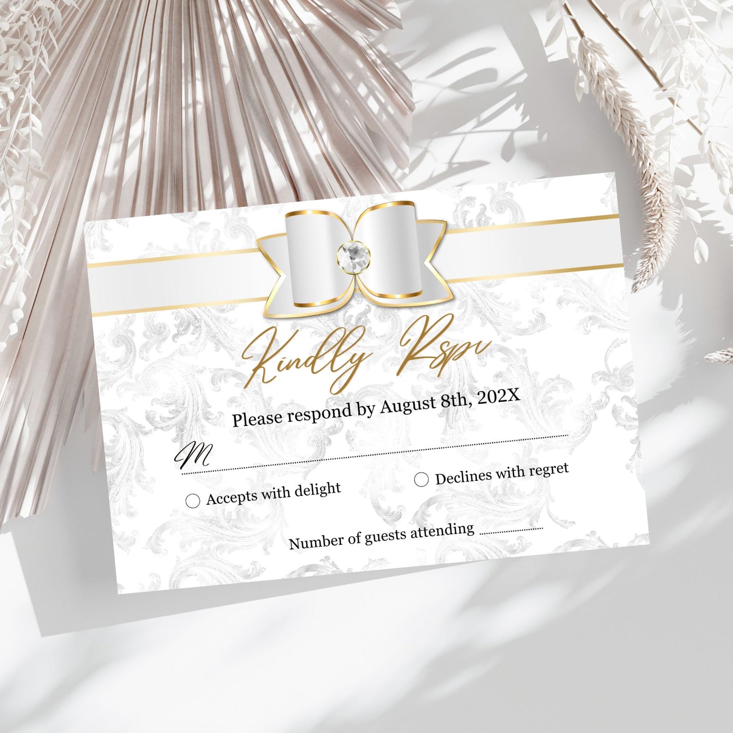 Response card with a decorative White and Gold bow on a white background