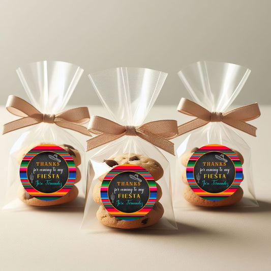 Three cookie packages with colorful Mexican Fiesta labels and ribbons on a white background