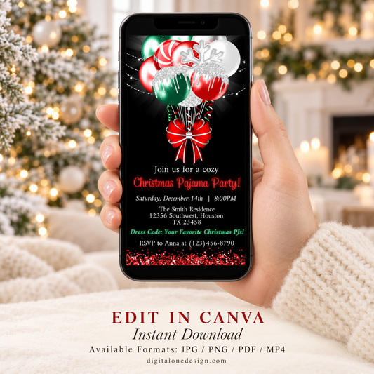 Christmas Pajama Party Invitation with Candy Cane Balloons on a phone, set in a cozy holiday background.