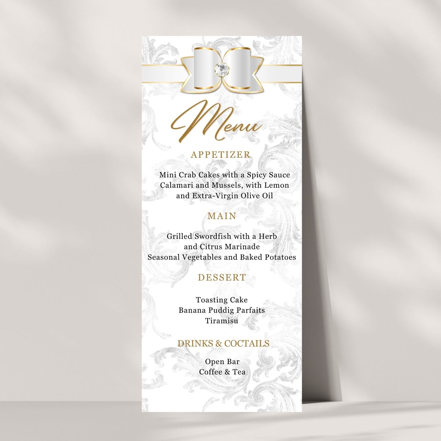 White Bow Menu card with white marble design and gold accents on a light gray background
