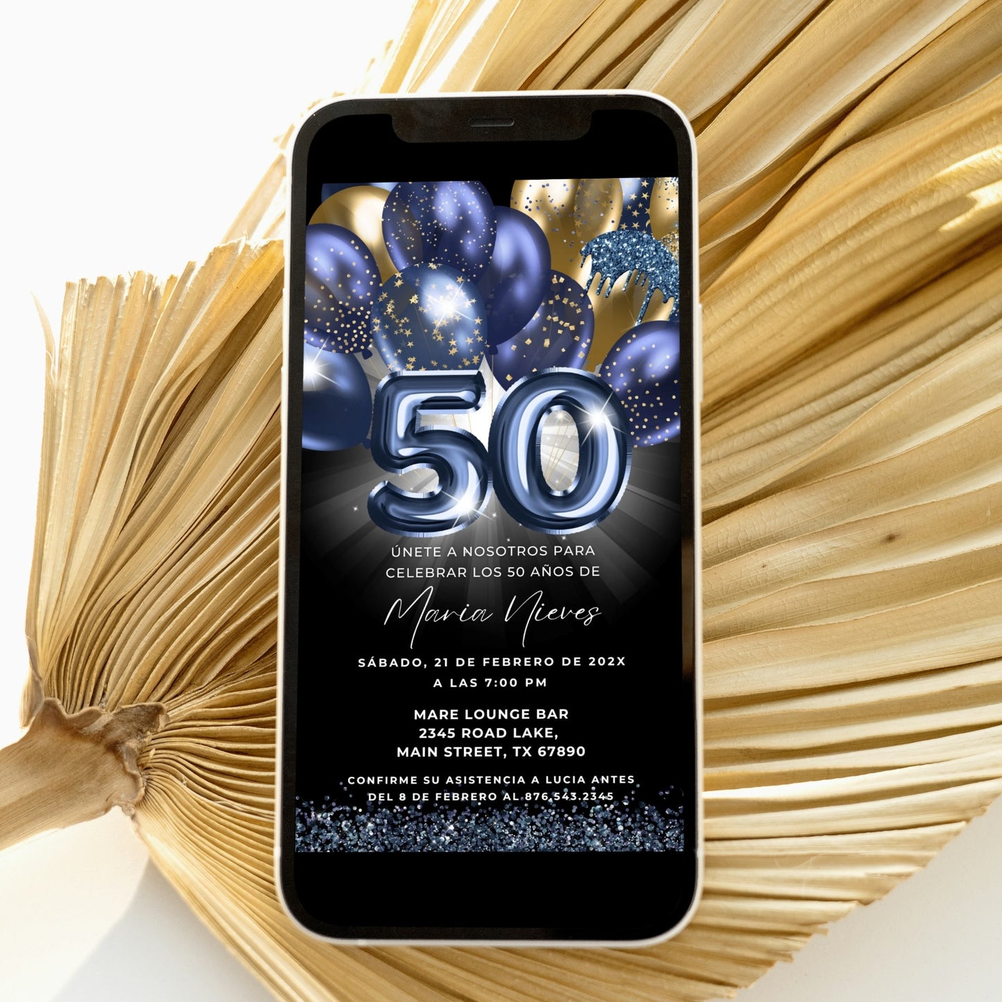 Navy & Gold Balloons Spanish 50th Birthday Invite