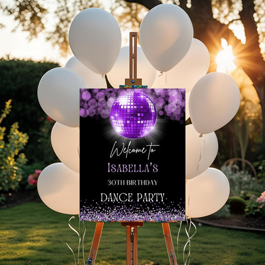 Retro 80s Purple Disco Ball Birthday Party Welcome Sign with purple disco ball and balloons for a dance party.