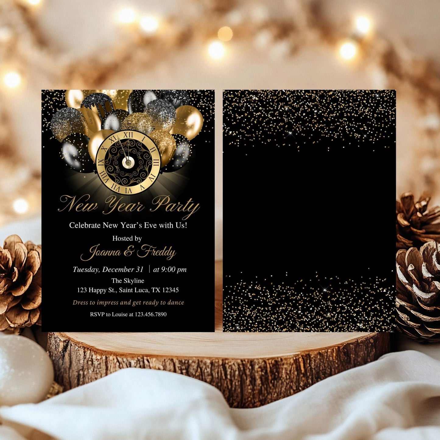 Elegant Black & Gold New Year's Eve Party Invitation