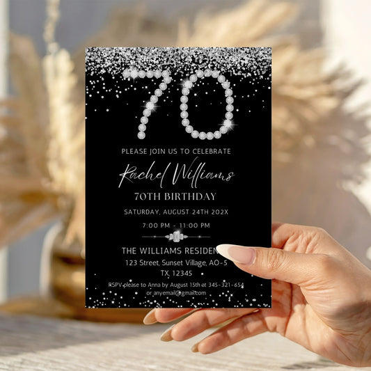 Elegant Silver Diamonds 70th Birthday Invitation