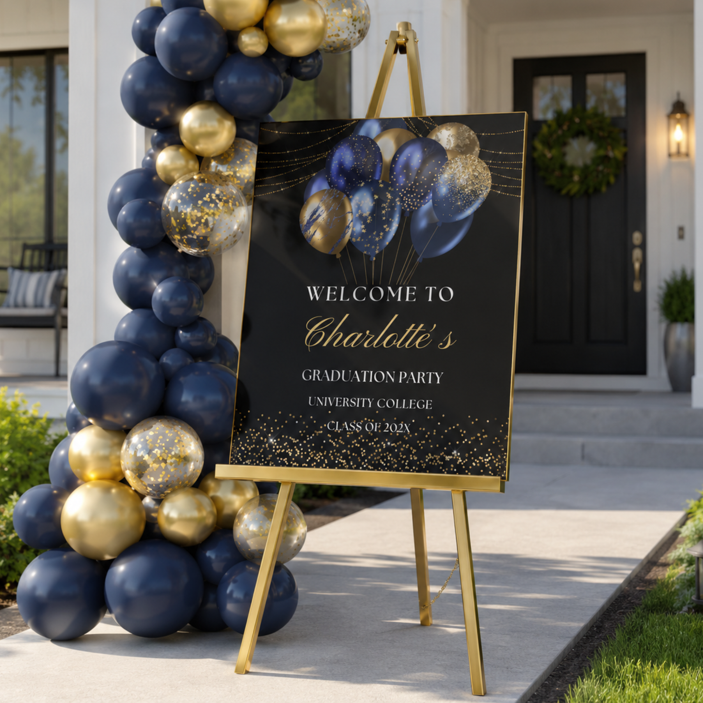 Editable Blue Navy & Gold Balloons Graduation Party Welcome Sign