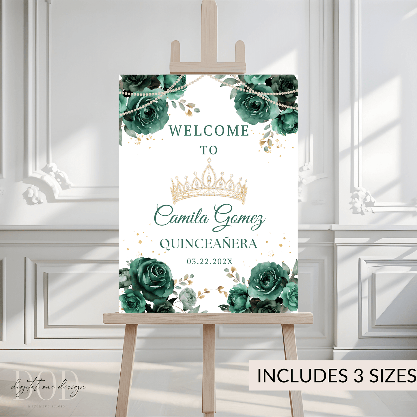 Printable Emerald Green Floral Quinceanera Welcome Sign