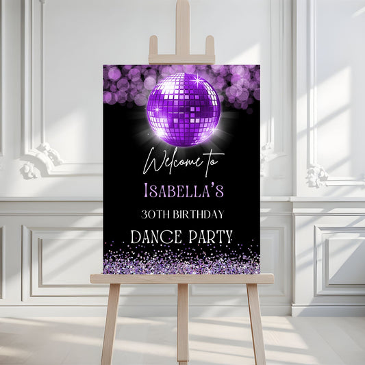Party sign with purple disco ball and text on a stand against a white wall.