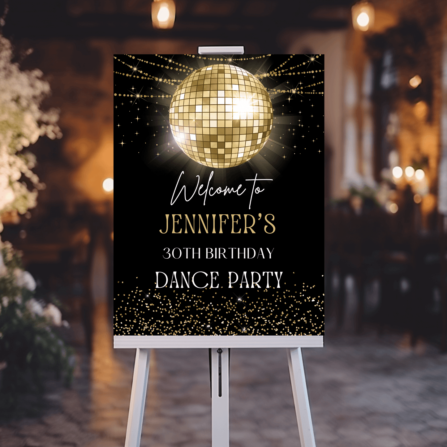 Editable Gold Disco ball Birthday Party Poster Printable