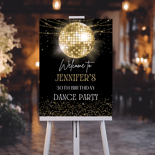 Modern Gold Disco Ball Birthday Party Welcome Sign featuring a disco ball and festive text for a dance party.