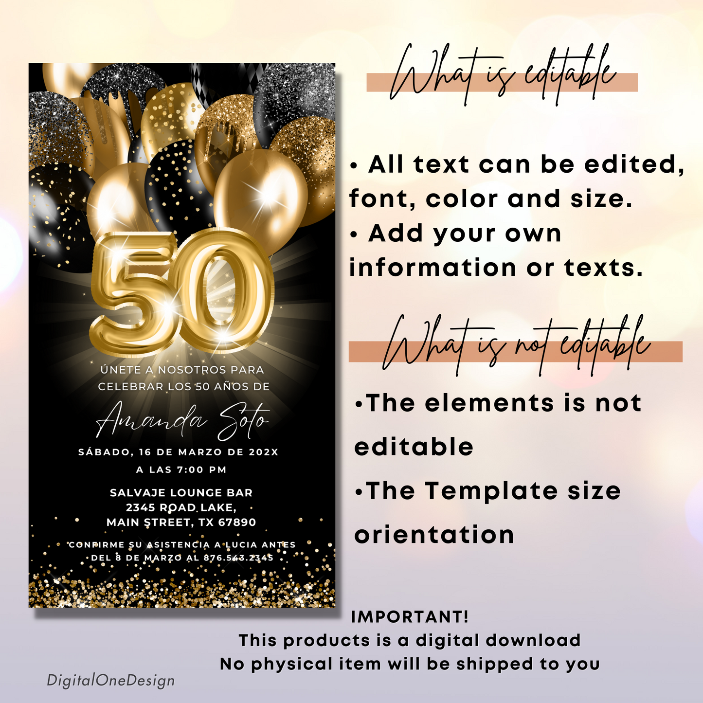 Electronic Black and Gold 50th Birthday Party Invitation in spanish