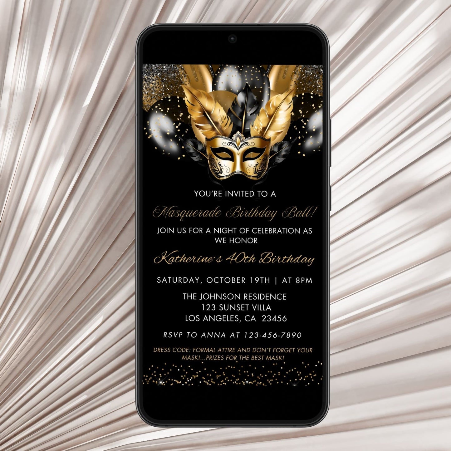 Elegant Black Gold Masquerade Birthday Invitation