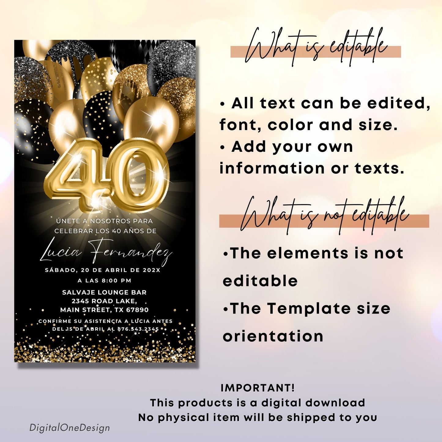40th birthday invitation card with editable text on a light pink background
