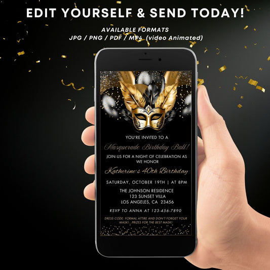 Elegant Black Gold Masquerade Birthday Invitation
