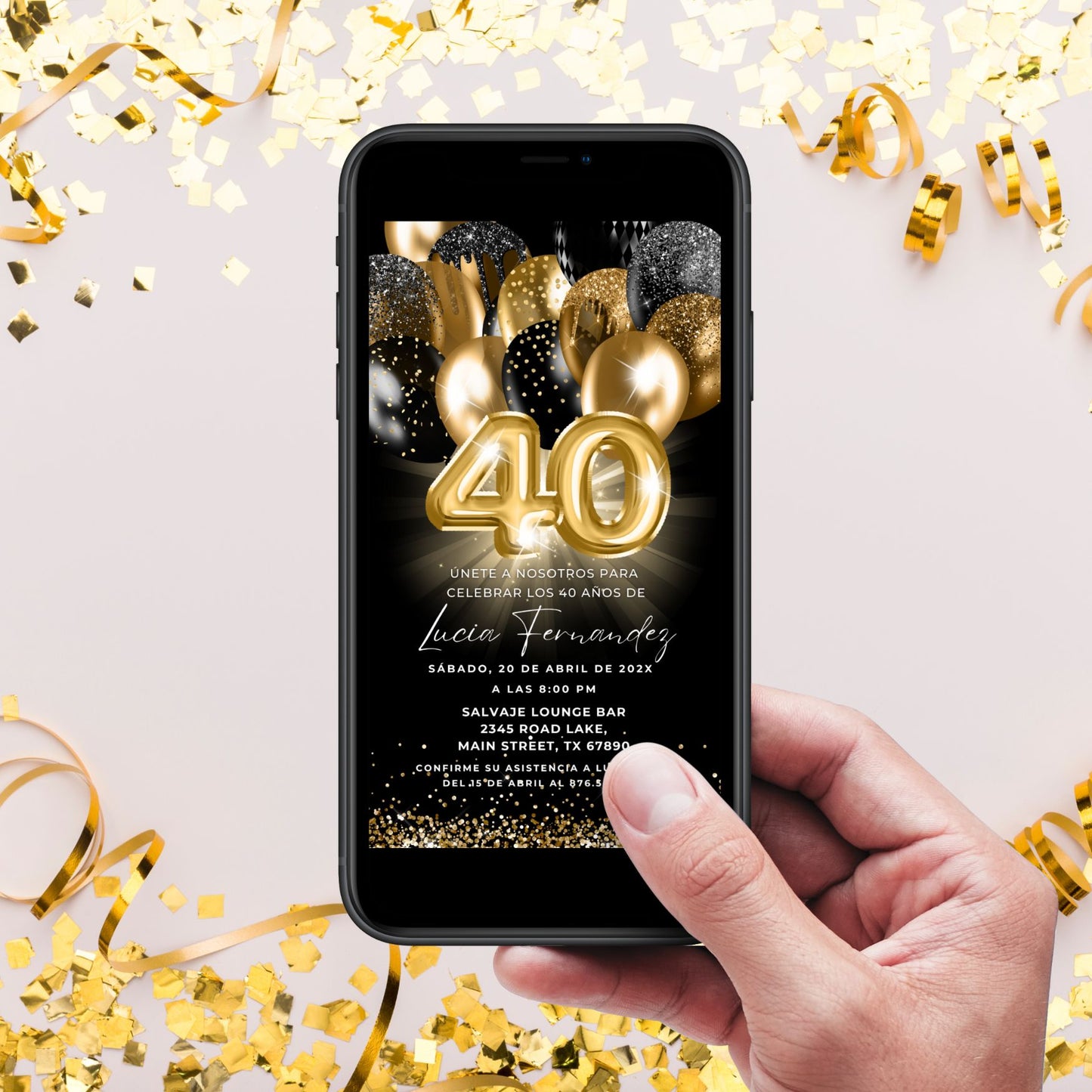 Hand holding a phone displaying a Spanish 40th birthday invitation with gold confetti on a light background