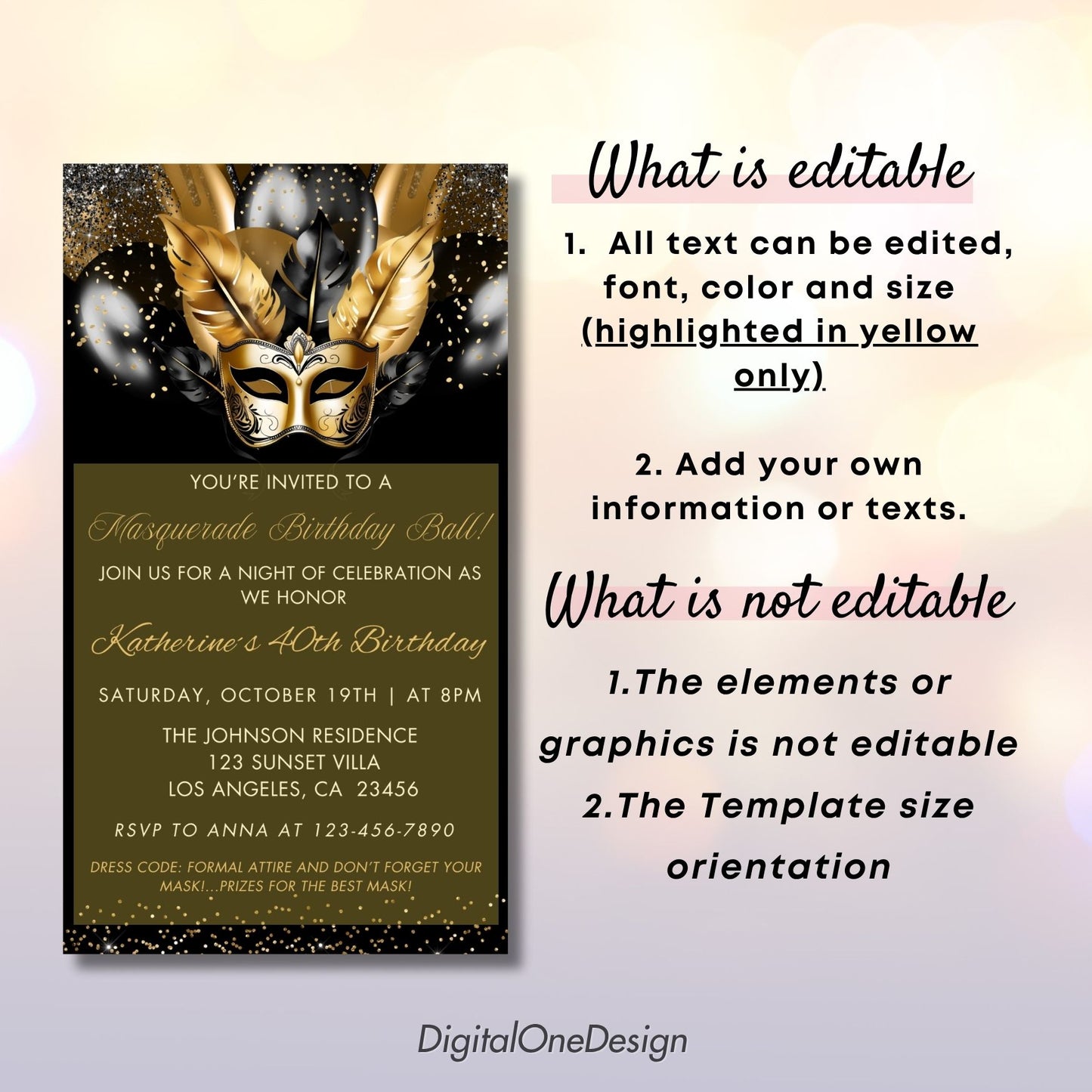 Elegant Black Gold Masquerade Birthday Invitation
