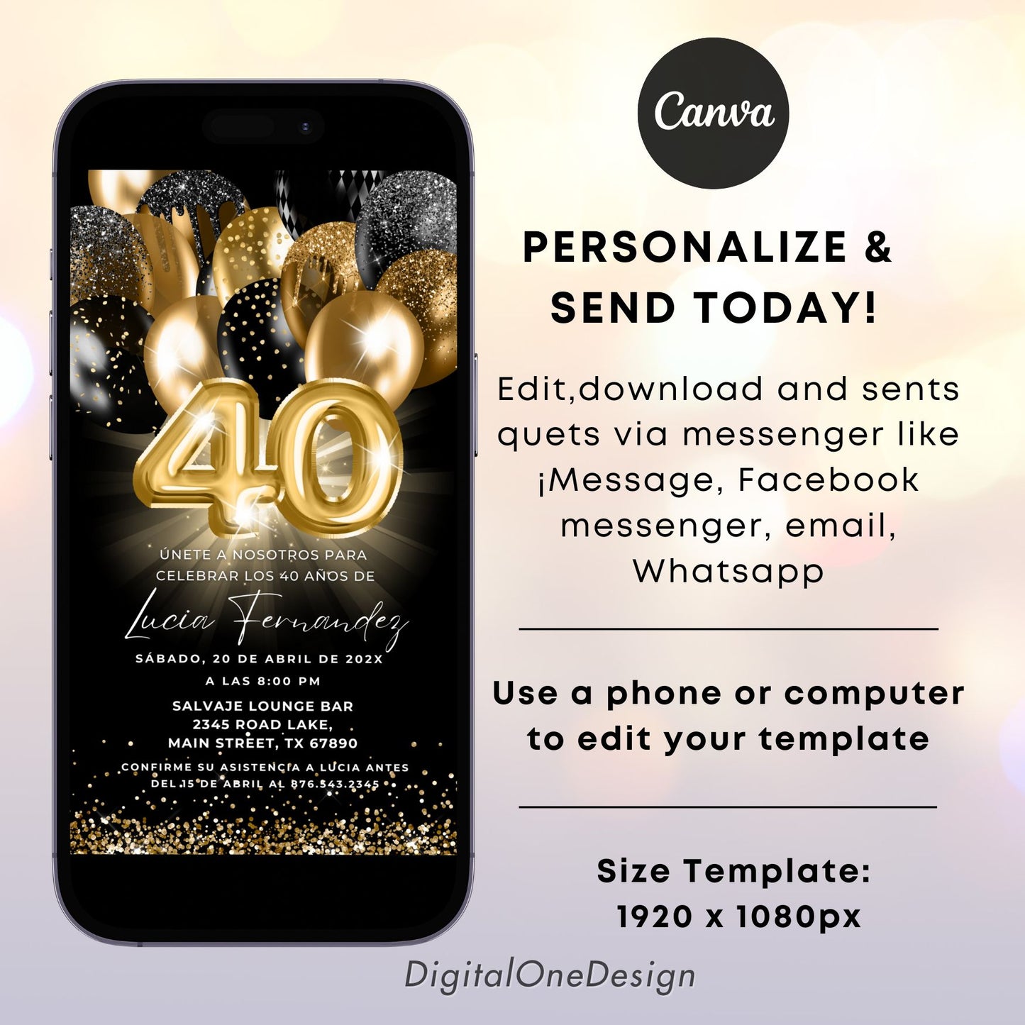 Phone displaying a 40th birthday invitation template with gold balloons and text, featuring Canva branding.