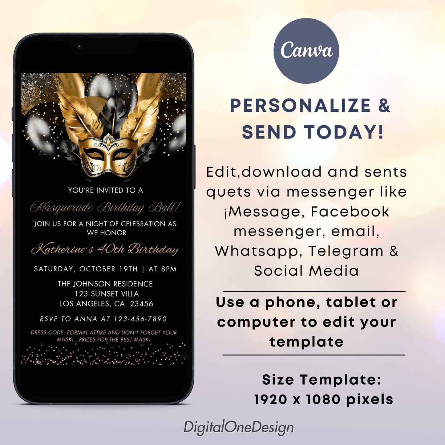 Elegant Black Gold Masquerade Birthday Invitation