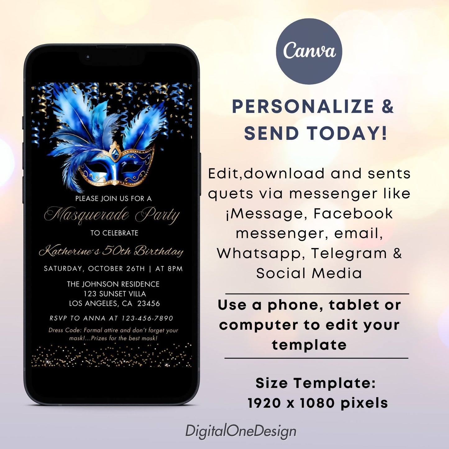 Editable Royal Blue Masquerade Birthday Invitation