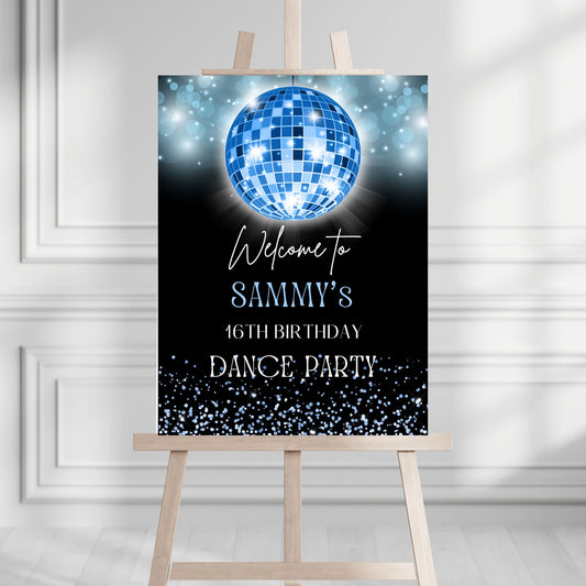 Party invitation with blue disco ball on a stand against a light gray wall.