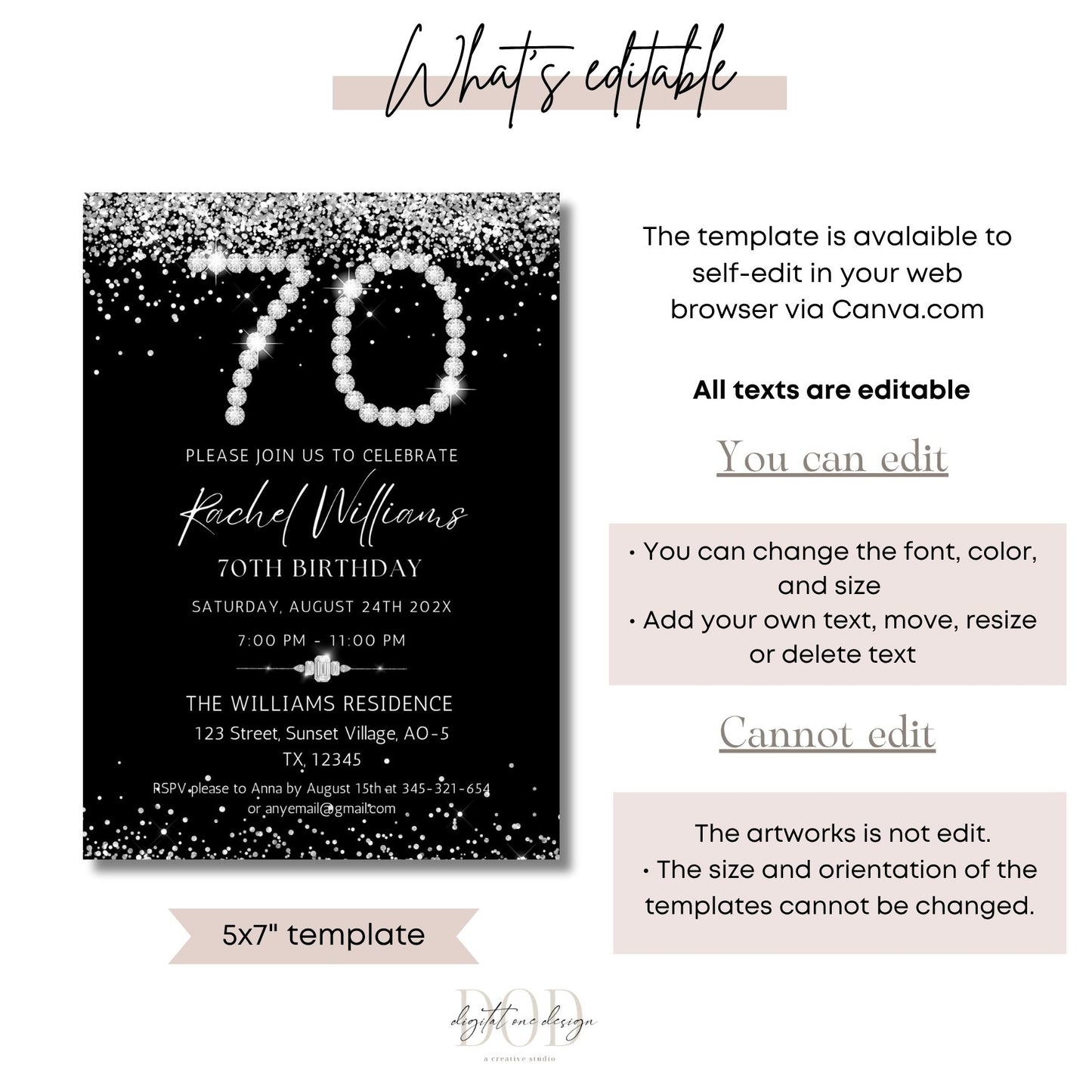 Elegant Silver Diamonds 70th Birthday Invitation