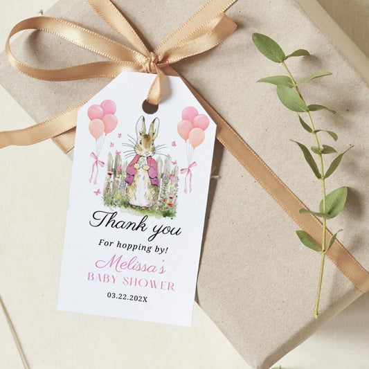 Baby shower thank you tag with a Pink rabbit illustration on a beige background