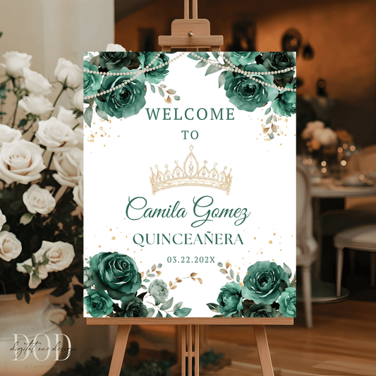 Elegant Emerald Green Floral Quinceanera Welcome Sign